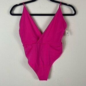 By Anthropologie Deep V Neck High Leg Bodysuit Hot Pink NWT